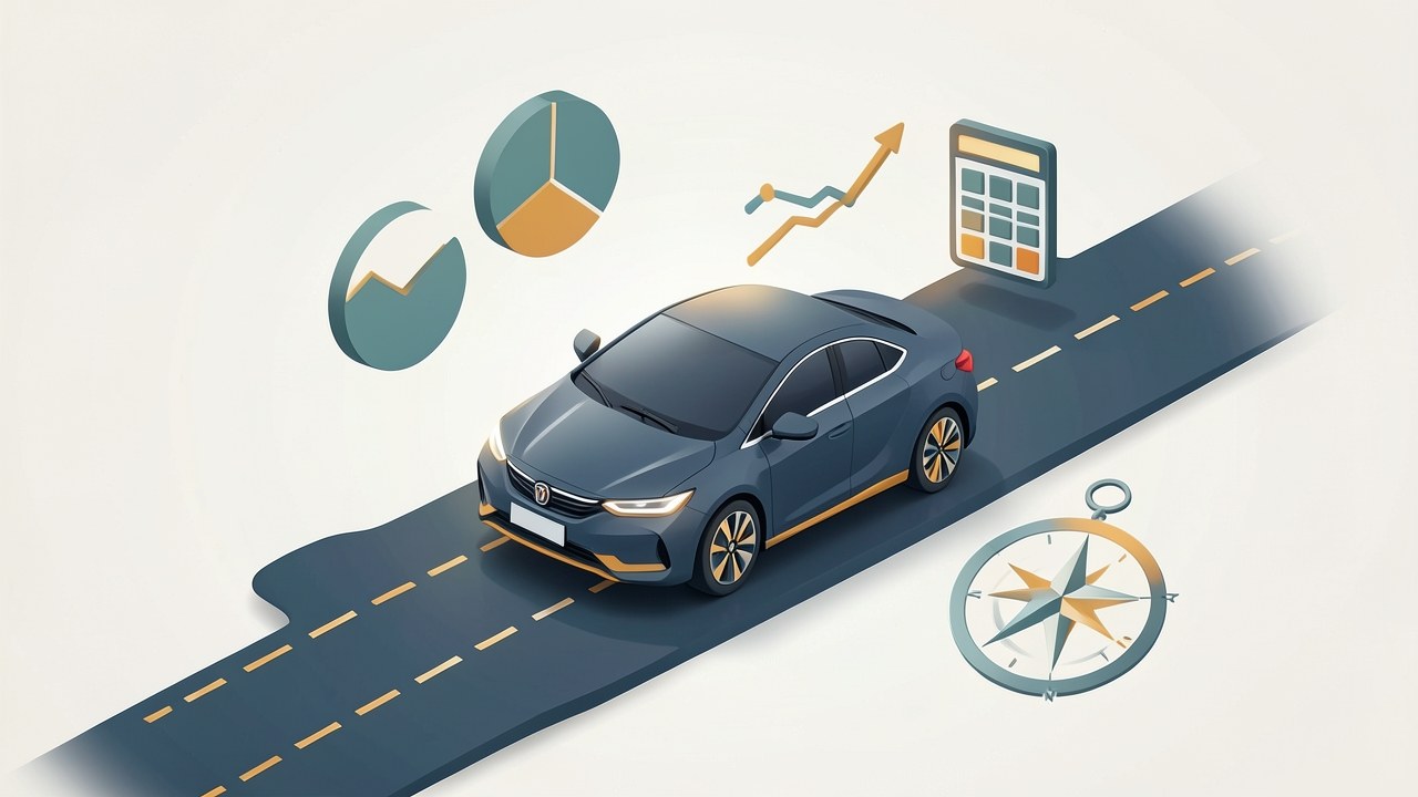 An abstract illustration of a car on a stylized road, with floating financial charts and a compass, set against a deep blue and teal background.