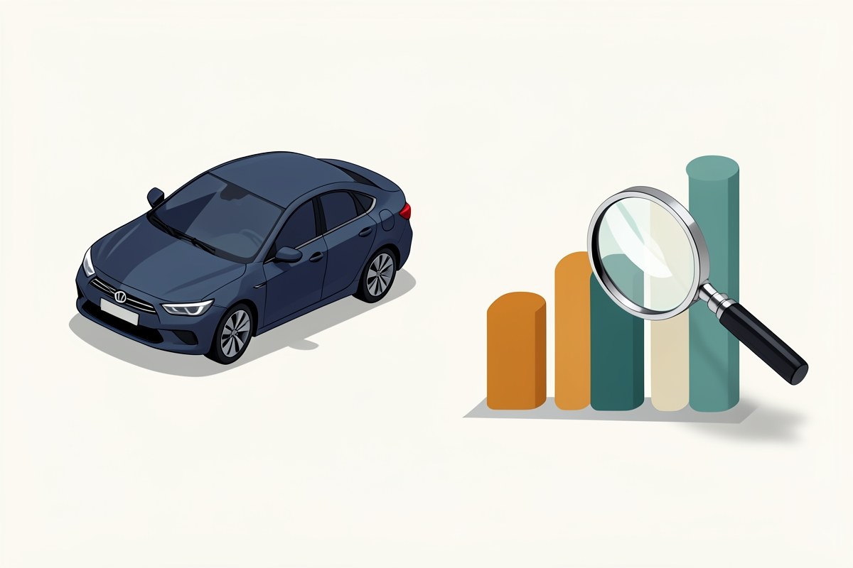 An isometric illustration of a car loan rate table, showing a car in profile next to a bar chart with a magnifying glass, emphasising rate comparison.