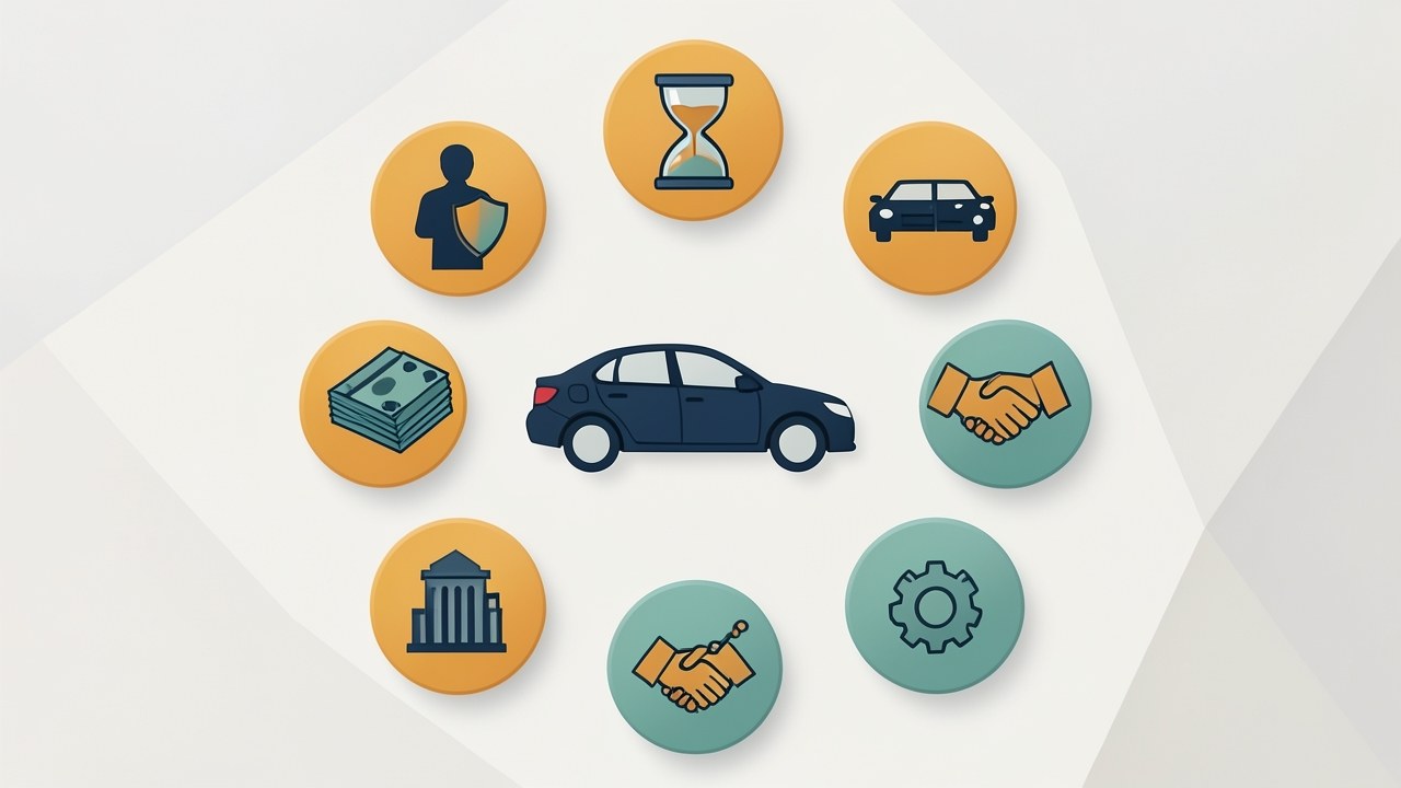 A creative flat illustration of a car surrounded by seven icons representing rate factors: credit score, loan term, new vs used, down payment, lender type, market, and vehicle age.