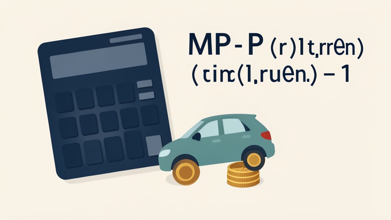 A flat illustration of a calculator with the formula for monthly payment, alongside a car and a stack of coins, symbolizing payment calculation.