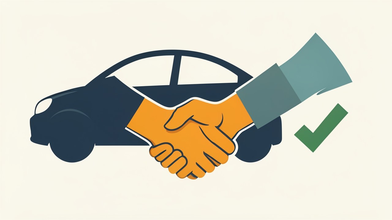 An illustration of a handshake in front of a car, with a downward-trending arrow and a checkmark, symbolizing getting a low rate.