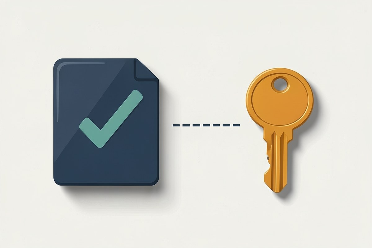 A flat illustration of a document with a checkmark and a car key, representing pre-approval and getting the keys to a car.