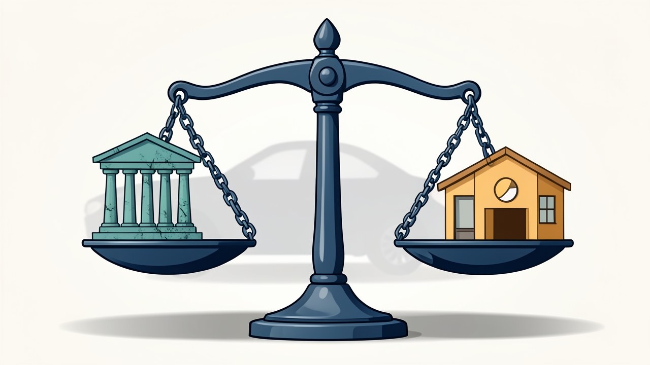 An illustration of a balance scale comparing a bank and a credit union icon, with a car in the background, symbolizing lender comparison.