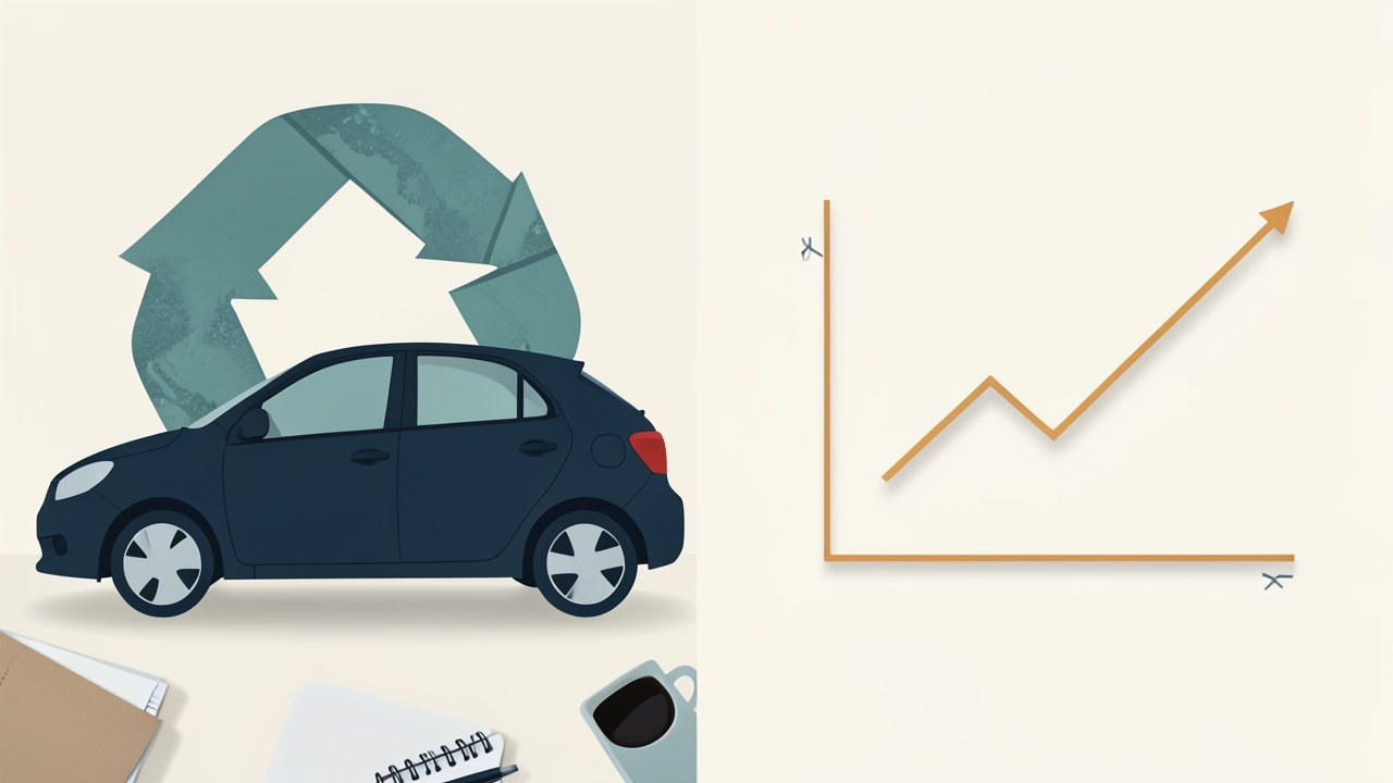 An illustration of a car with a recycling arrow and a downward-trending interest rate chart, representing refinancing for a lower rate.