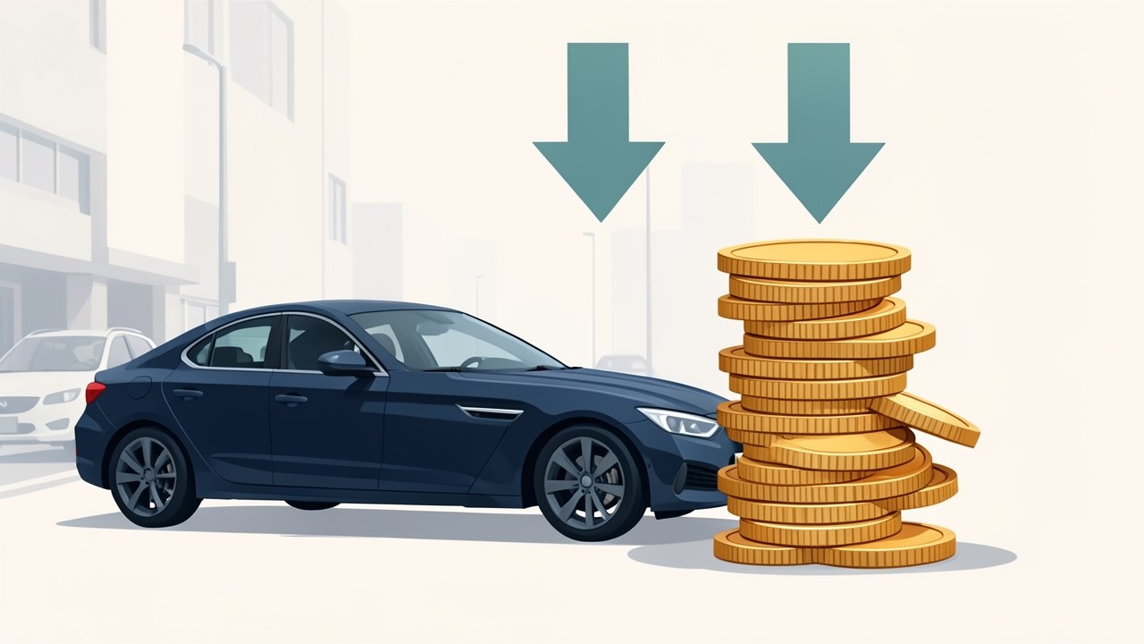 An illustration of a car with a stack of gold coins and a downward arrow on a price tag, representing a down payment.