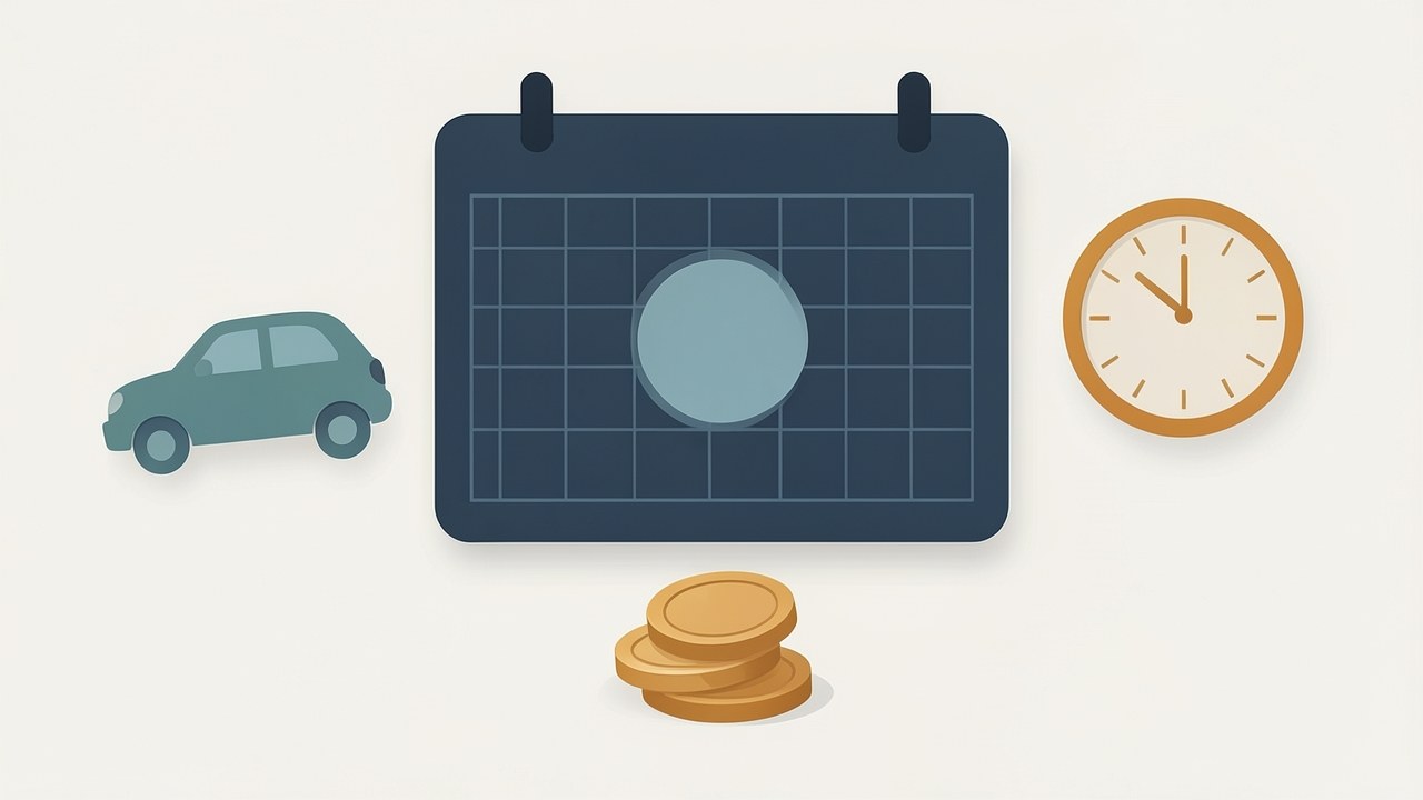 An illustration of a calendar with a 60-day badge and a car, with a clock and a stack of coins, symbolizing loan term.