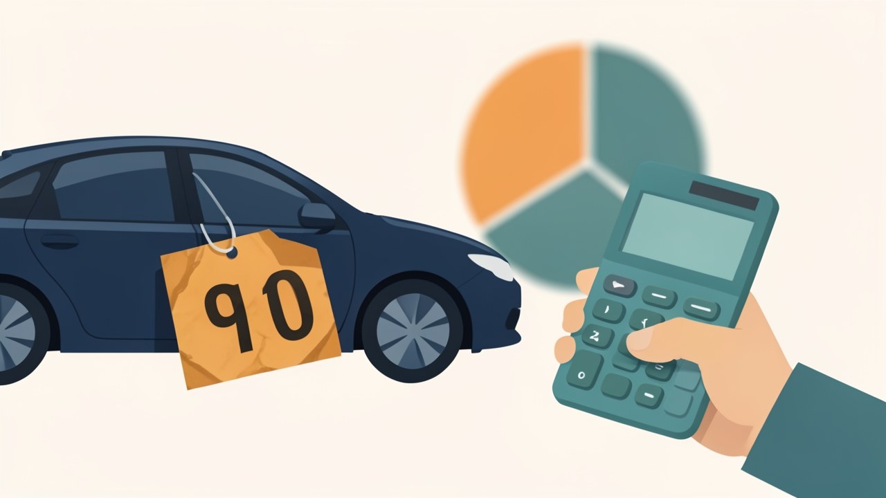 A flat illustration of a car with a price tag, and a hand holding a calculator, with a budget pie chart in the background.