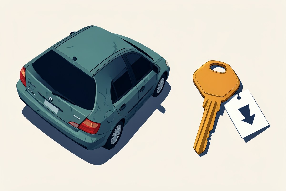 A flat illustration of a used car with a price badge, and a key with a tag showing a lower percentage, symbolizing financing a pre-owned vehicle.