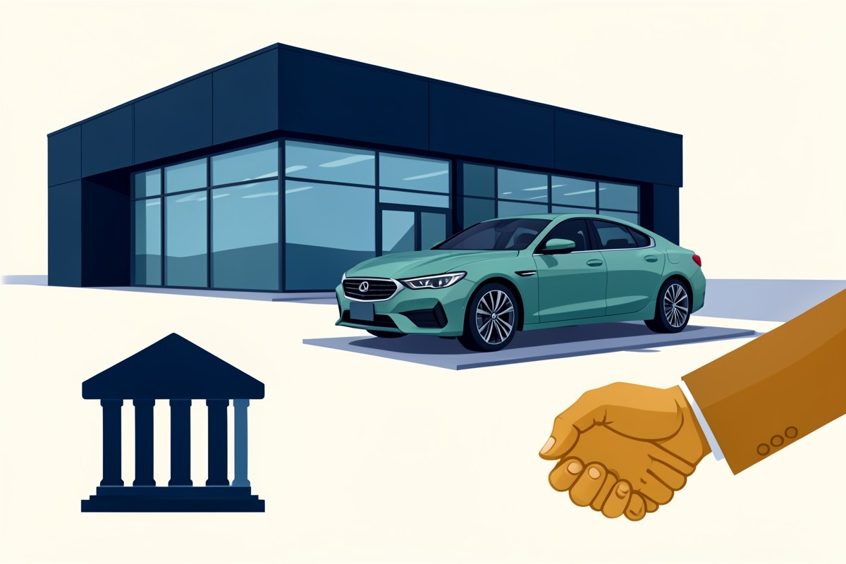 An illustration of a car in front of a dealership building, with a bank icon and a handshake, representing dealer vs bank financing.