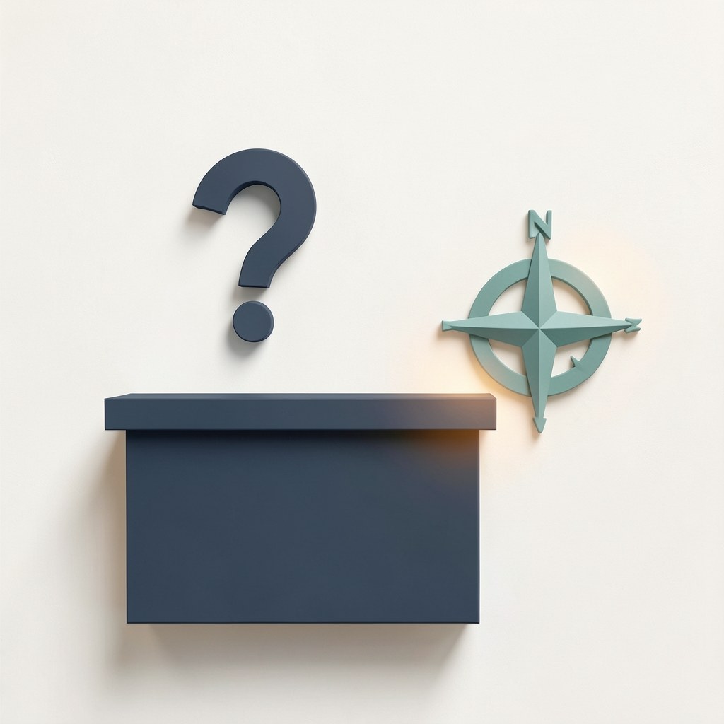 A flat illustration of an information desk with a person icon, a question mark, and a compass, symbolizing a helpful and informative guide.