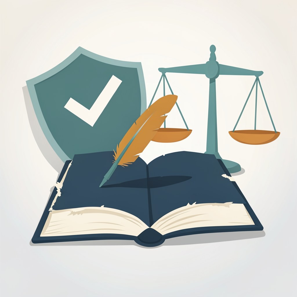 A flat illustration of an open book with a quill and a shield, with a scale of justice, symbolizing editorial standards and fact-checking.