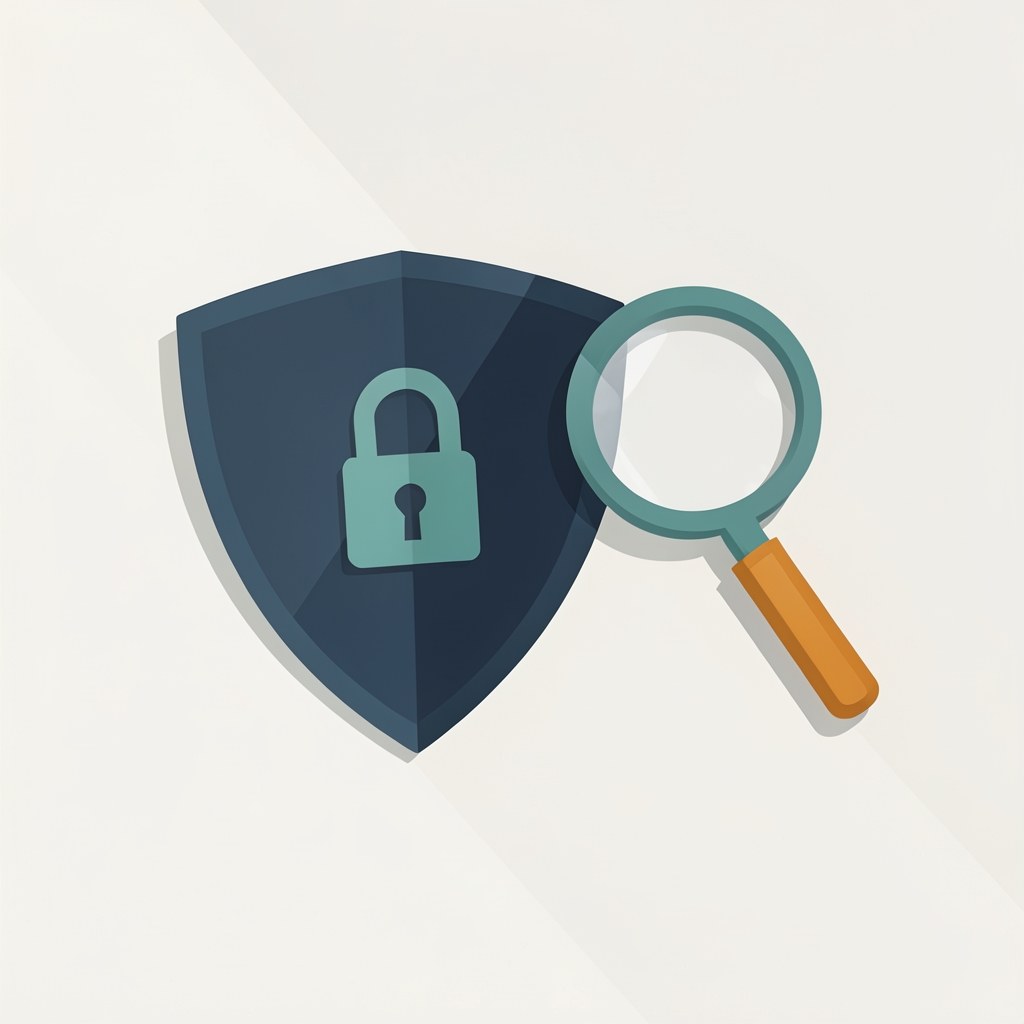 A flat illustration of a shield with a lock and a magnifying glass, symbolizing privacy and security.
