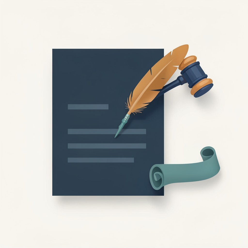 A flat illustration of a legal document with a gavel and a scroll, symbolizing legal terms.