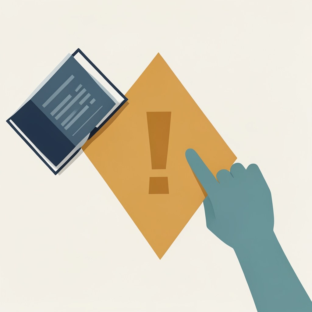 A flat illustration of an exclamation mark in a triangle, with a book and a finger pointing, symbolizing caution and important information.