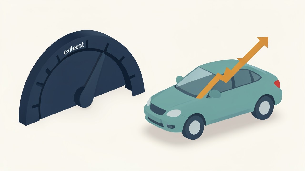 An illustration of a credit score gauge with a car and an arrow showing an upward trend, symbolizing how credit affects rates.