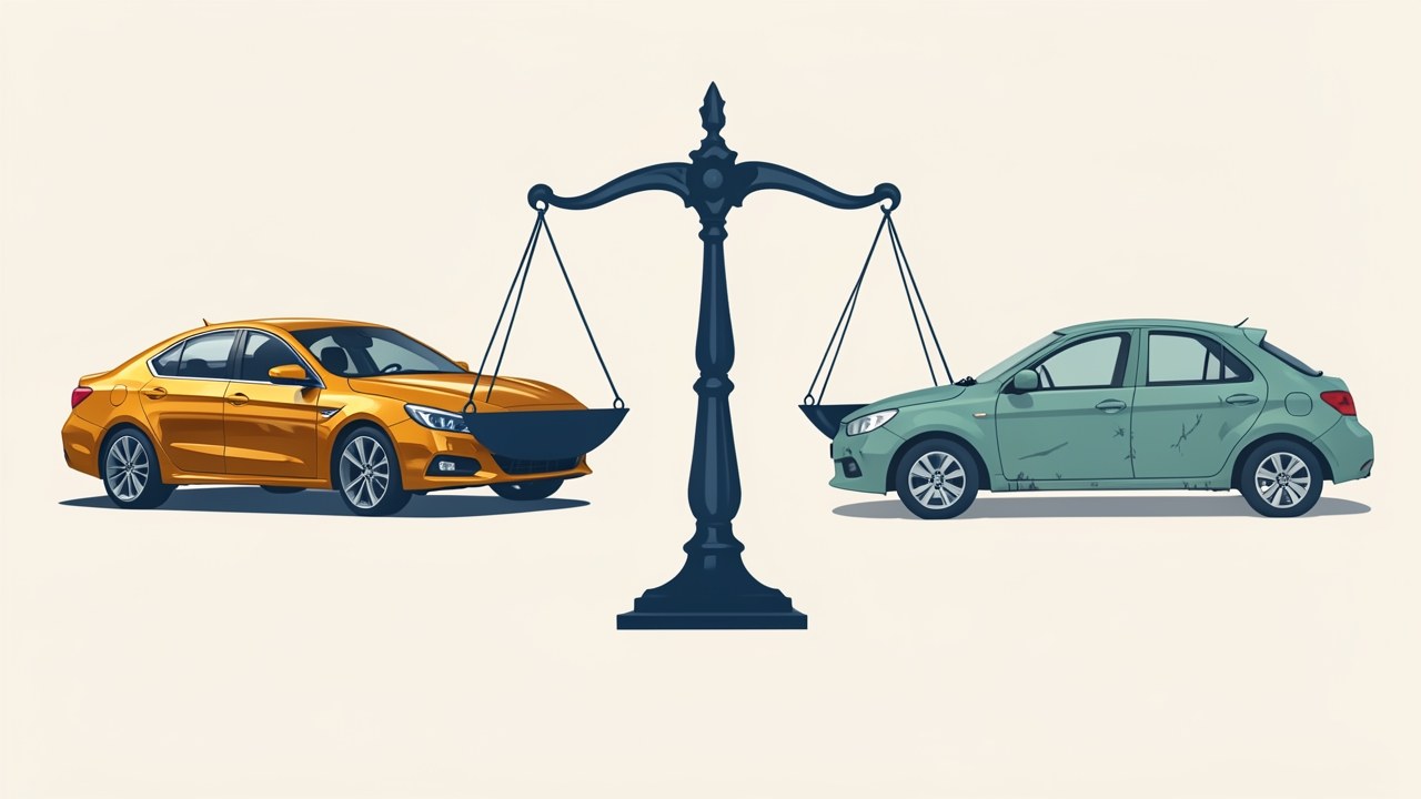 An illustration comparing a new car and a used car side by side, with a scale in the middle, symbolizing a comparison.