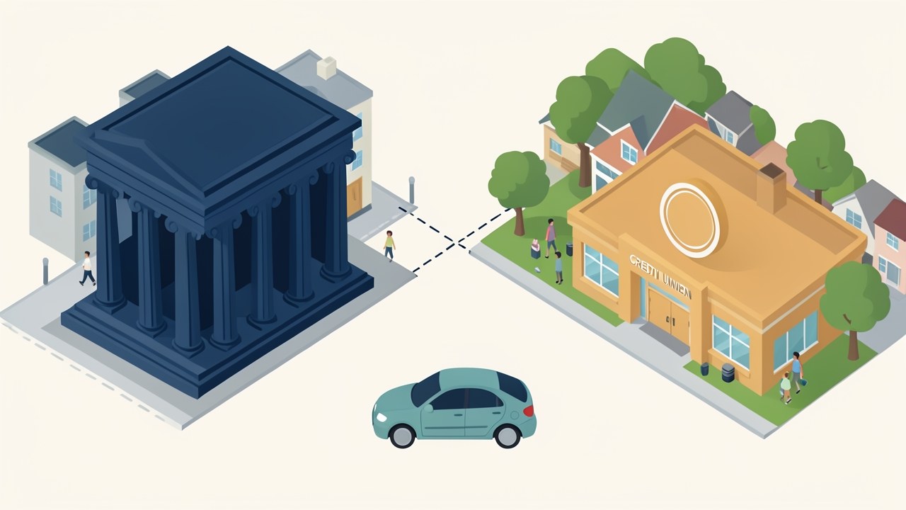 An illustration of a bank building and a credit union building side by side, with a car and a scale, symbolizing a comparison.